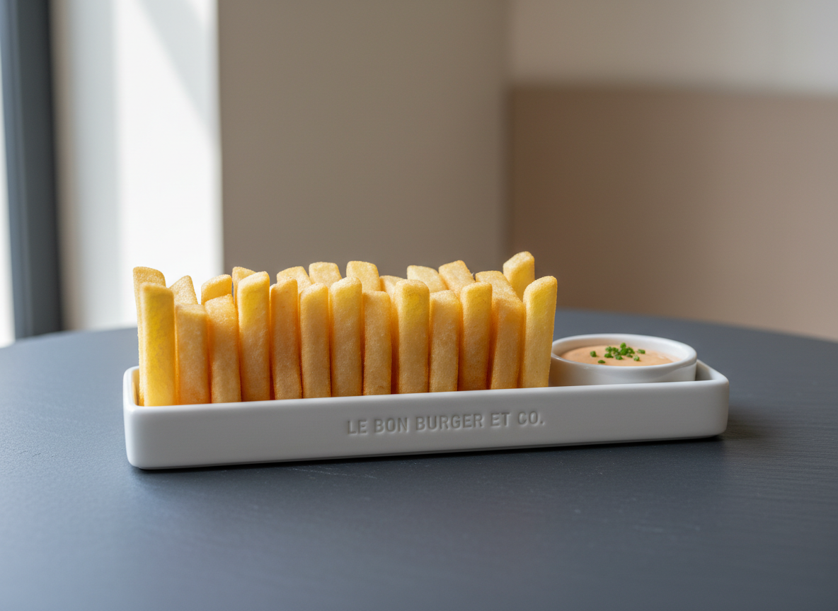 A row of freshly made golden fries, arranged with precise alignment in a minimalist matte white ceramic tray beside a house-made dipping sauce in a small, round bowl. The tray sits directly on a spotless slate tabletop, with a neutral-toned, blurred background suggesting a refined fast-food environment. Gentle daylight filters in from the left, creating faint, elegant highlights on the fries and bowl, while bringing out their textures. Shot from a slightly overhead, central perspective with sharp focus and shallow depth of field. The composition is uncluttered and harmonious, reflecting clean design, product quality, and the structured, modern aesthetic of Le Bon Burger et Co.