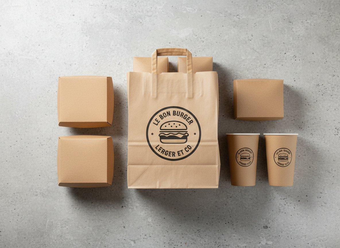 A minimalist packaging arrangement for Le Bon Burger et Co delivery, showcasing a set of eco-friendly, matte beige paper bags with crisp black logo prints, stacked neatly on a stone countertop. Nearby, kraft cardboard burger boxes and recyclable drink cups are arrayed in a geometric, organized layout. Overhead soft, diffused studio lighting evenly lights the scene, giving gentle highlights to the packaging’s textures and subtle shadows for depth. The composition is symmetrically balanced and eye-level, reinforcing order and professionalism. The clean, photographic style underscores sustainability, reliability, and contemporary corporate values essential for the brand’s delivery service.